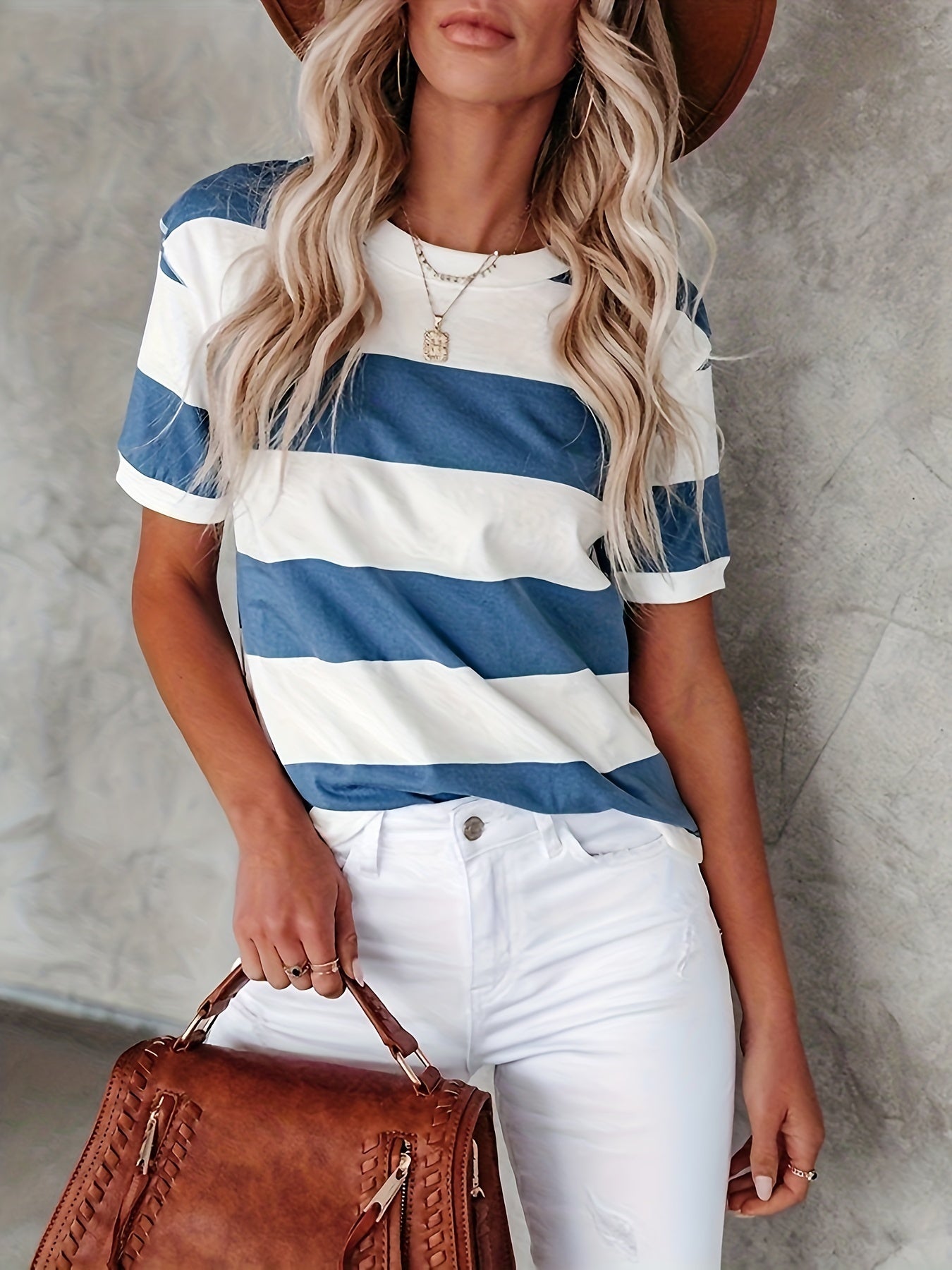 Short Sleeve Striped T-shirt, Crew Neck Casual Top For Summer & Spring, Womens Clothing