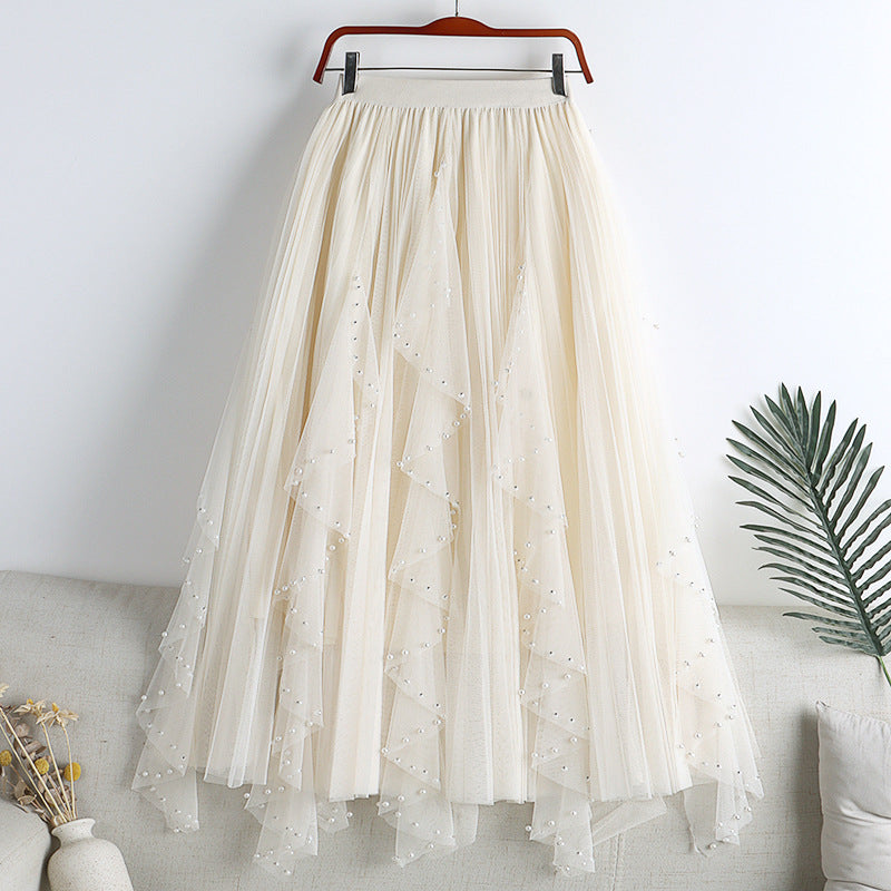 Spring And Summer New Irregular Mesh Beaded Rhinestone Long Large Hem A- Line Skirt Skirt Cake Dress