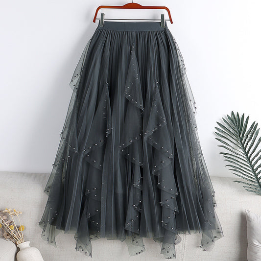 Spring And Summer New Irregular Mesh Beaded Rhinestone Long Large Hem A- Line Skirt Skirt Cake Dress