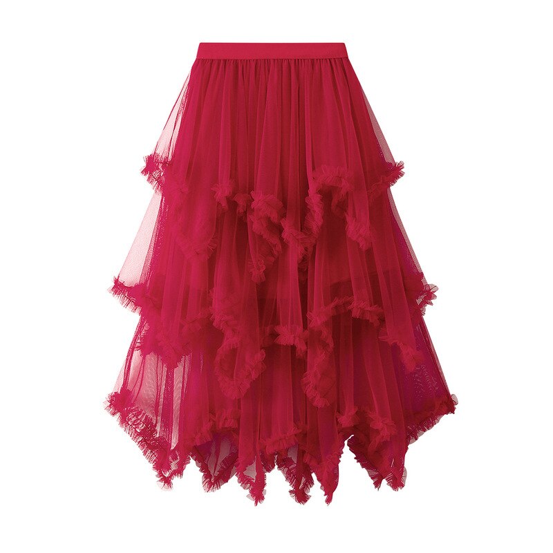 Ani Kang |irregular Tulle Skirt Long Maxi Cake Skirt High Waist Maxi Skirts Solid Party Fairy Ball Gown Tutu Skirt Women Blue Red Orange