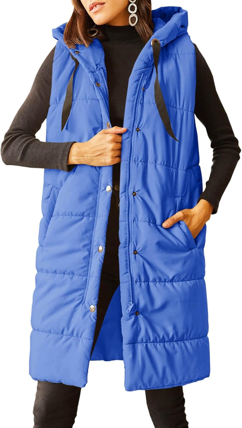 Grlasen Womens Long Quilted Puffer Vest Sleeveless Hooded Button Down Padded Coats Jacket Outerwear With Pockets