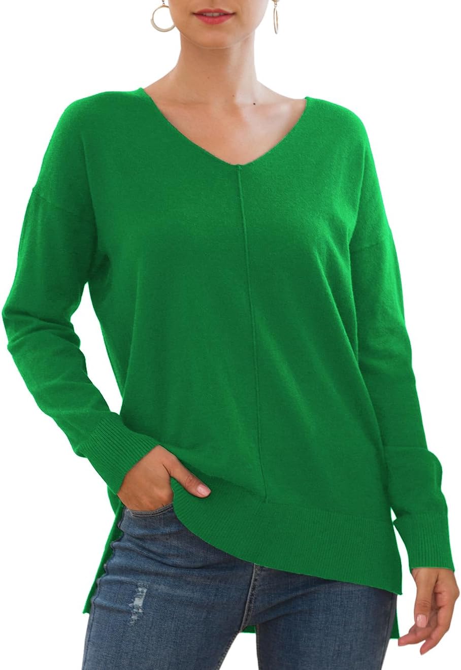 Jouica Womens Casual Lightweight V Neck Batwing Sleeve Knit Top Loose Pullover Sweater