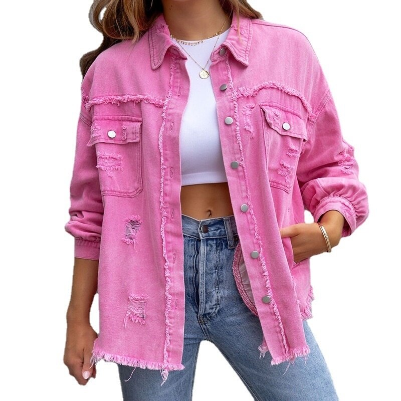 Fashion Loose Turn-down Collar Denim Jacket Coat 2024 Womens Casual Denim Jacket Long Sleeve Tassel Solid Washed Tops Outerwear