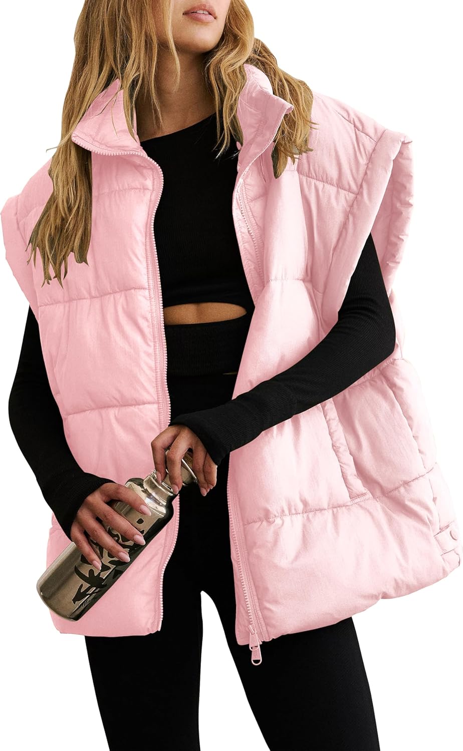 Womens Winter Crop Puffer Vest Lightweight Warm Flysleeve Stand Collar Padded Puffy Jackets Coats With Pockets