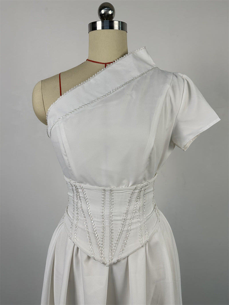 Diagonal Collar Short Sleeve Waist Seal Fishbone Waist-tight Mid-length Dress