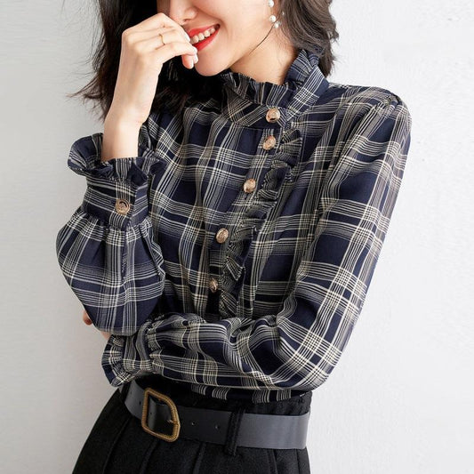 Fashion Printed Button Ruffles Plaid Shirt Womens Clothing 2024 Autumn New Loose Casual Tops All-match Commute Blouse