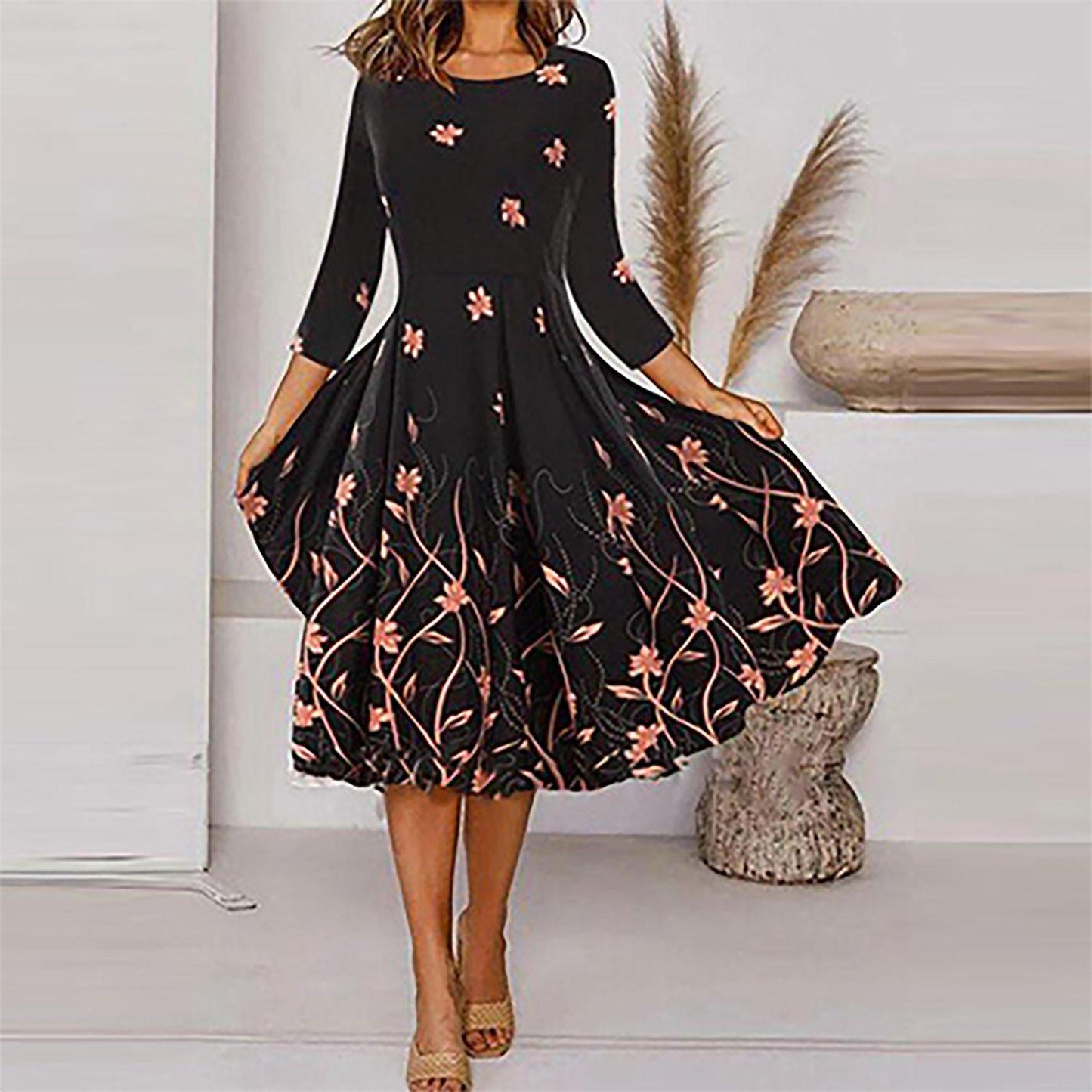 Hair Mold-womens Casual Floral Print Round Neck 3/4 Sleeve Spring Autumn Dress