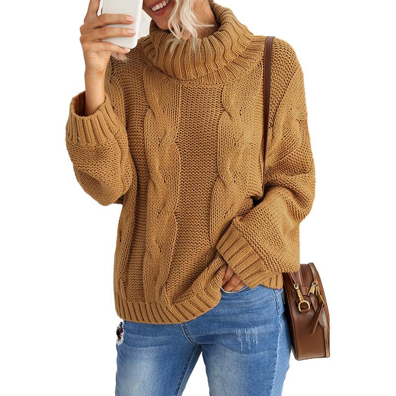 Autumn Winter Solid Color Long Sleeve Knitted High Neck Cotton Top For Women