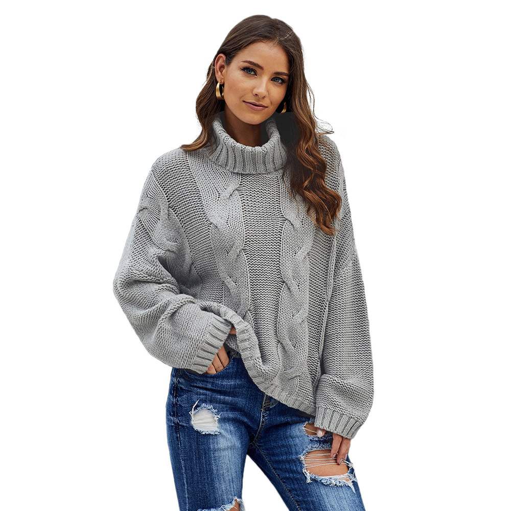 Autumn Winter Solid Color Long Sleeve Knitted High Neck Cotton Top For Women