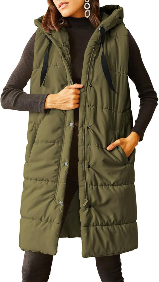 Grlasen Womens Long Quilted Puffer Vest Sleeveless Hooded Button Down Padded Coats Jacket Outerwear With Pockets