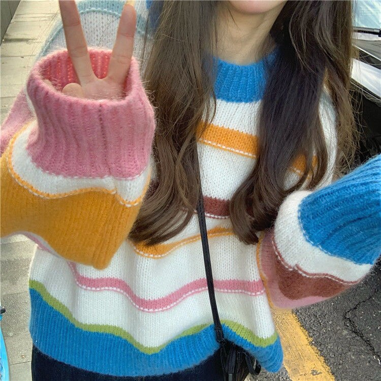 Autumn Winter Sweater Women Rainbow Stripe Jumpers O-neck Long Sleeve Loose Soft Knit Sweaters Womens Clothing Y2k Top Pullover