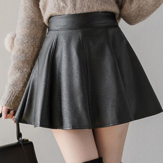 Ani Kang |women Fashion Fashion High Waist Zipper Black Skirts Pu Leather Mini Short Pleated Casual Solid A-line Skirt Female Streetwear