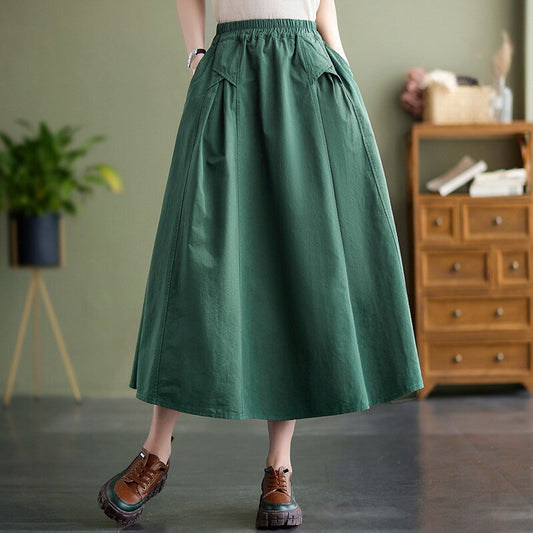 Ani Kang | Solid Color Large Swing Skirt Womens Summer Skirt Retro Cotton Drape A-line Mid-length Skirt Female Loose Long Skirts