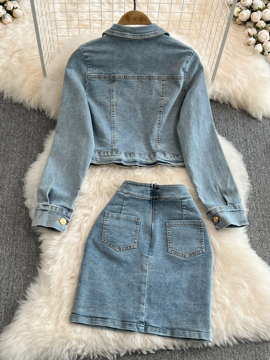 Fashion Two-piece Set Womens Vintage Lapel Denim Jacket High Waist Pocket Design Wrap Hip Skirts 2024 Spring New 11xx01032