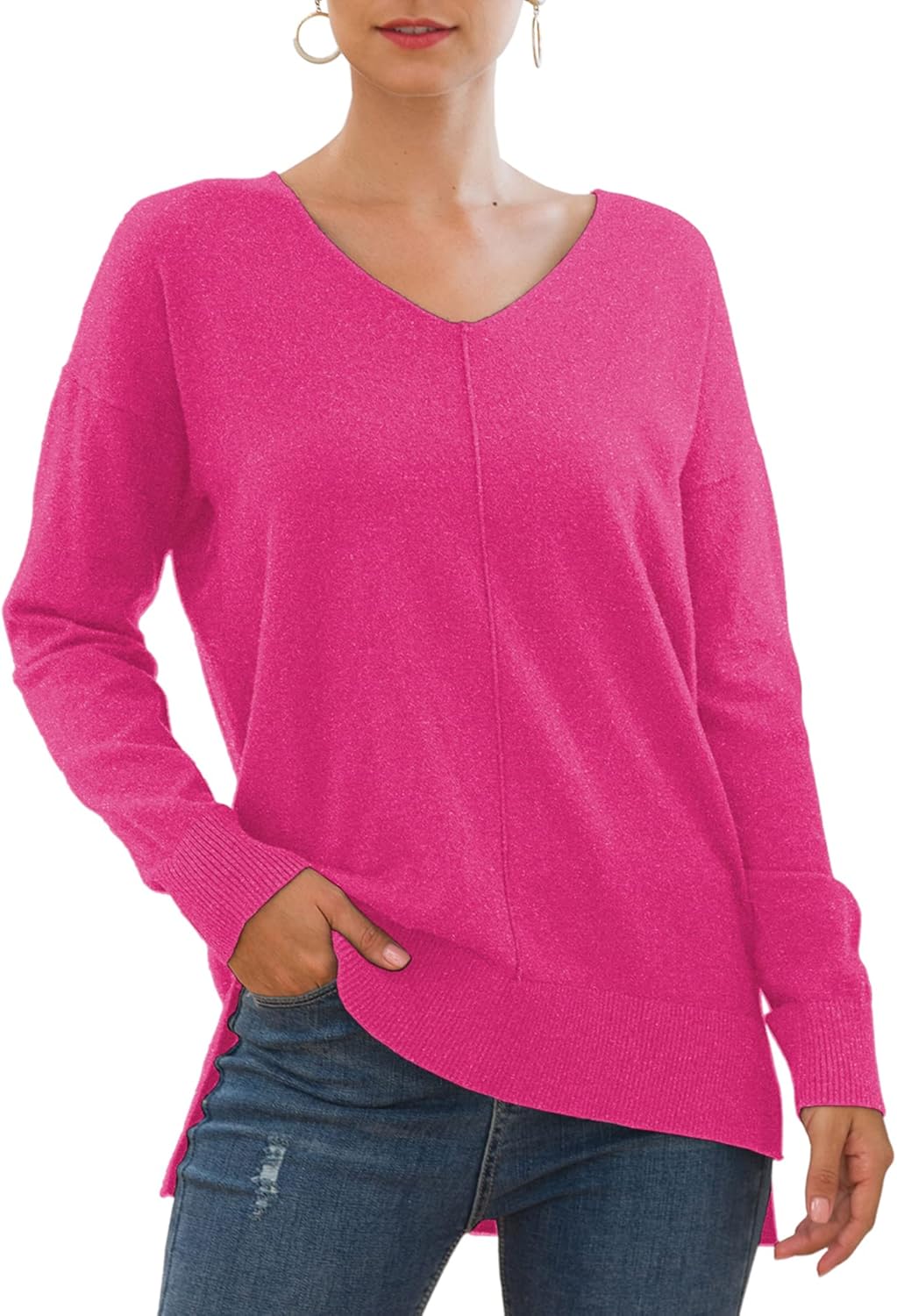 Jouica Womens Casual Lightweight V Neck Batwing Sleeve Knit Top Loose Pullover Sweater