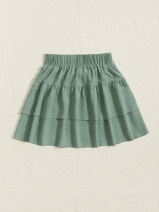 Girls Solid Color Lace-up Layered Casual Skirt Elastic Waist Cake Skirt