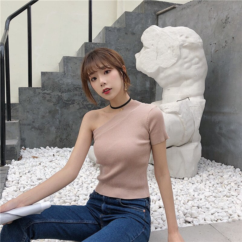 Ani Kang |summer Womens Off-shoulder Knitted T-shirt Girls Stretchy Solid Cropped T Shirts Tees Knitwear For Female