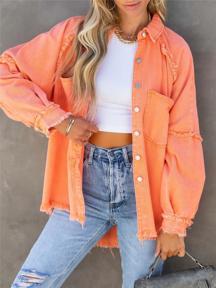 2024 Girls Sweet Pink Loose Shirt Jacket Woman Casual Soft Button Denim Shirts Ladies Chic Solid Pocket Jackets