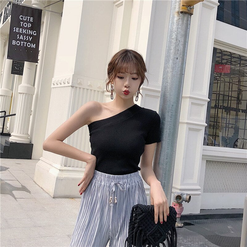 Ani Kang |summer Womens Off-shoulder Knitted T-shirt Girls Stretchy Solid Cropped T Shirts Tees Knitwear For Female