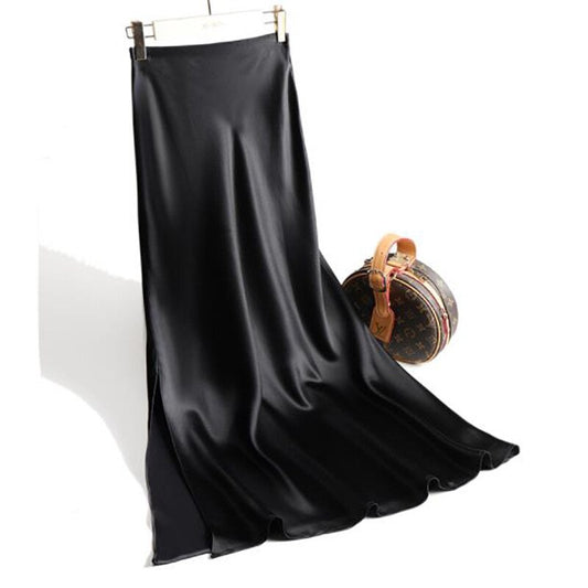 Ani Kang |acetate Satin Silky Drape Apricot High-waist Fishtail Slit Skirt Womens Long Plus Size