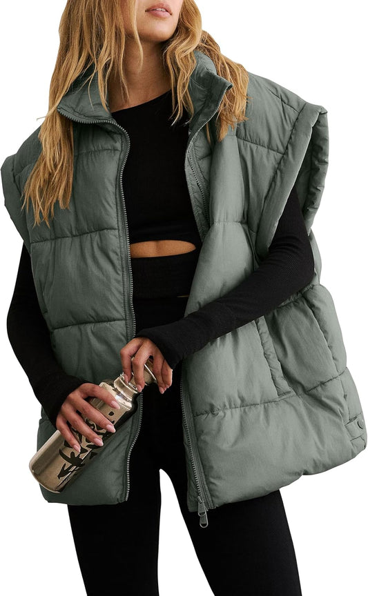 Womens Winter Crop Puffer Vest Lightweight Warm Flysleeve Stand Collar Padded Puffy Jackets Coats With Pockets