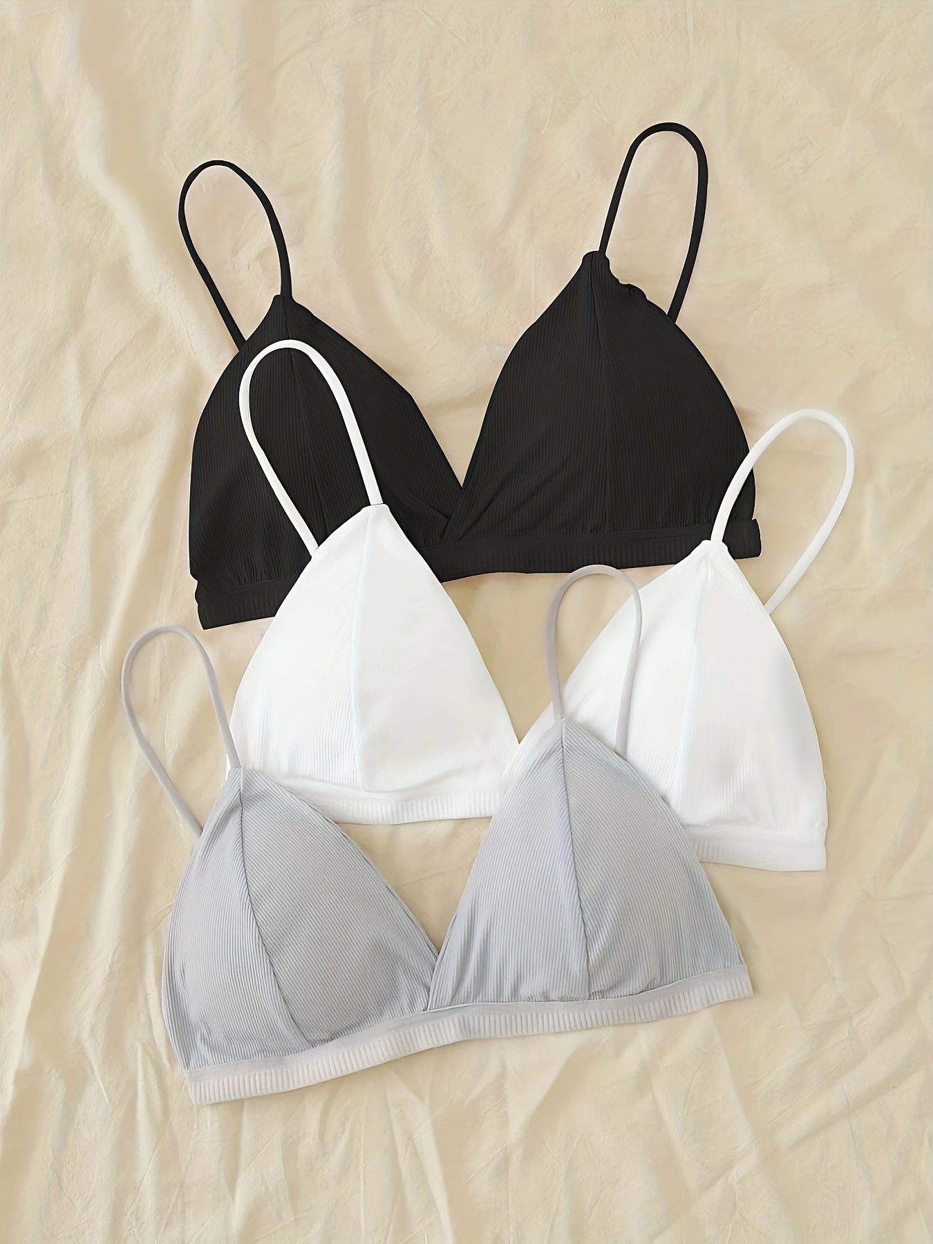 Tbclaim_3 Packs Bralette For Girls Spaghetti Strap Triangle V Neck A-b Cups Bra Padded Wire Free Hook-and-eye Closure