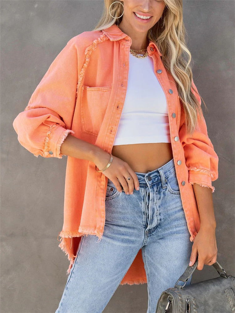 2024 Girls Sweet Pink Loose Shirt Jacket Woman Casual Soft Button Denim Shirts Ladies Chic Solid Pocket Jackets