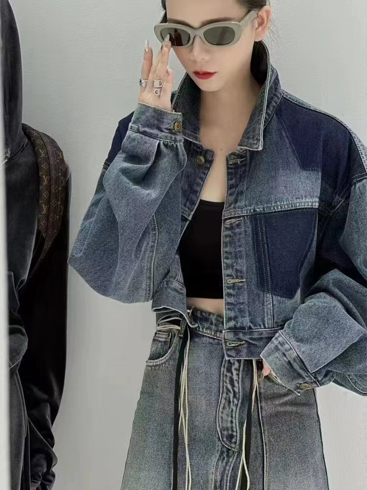 European Goods Loose Personality Short Denim Jacket For Women 2024 Early Autumn New Trendy Western Style Color Matching Top Casual Korean Style