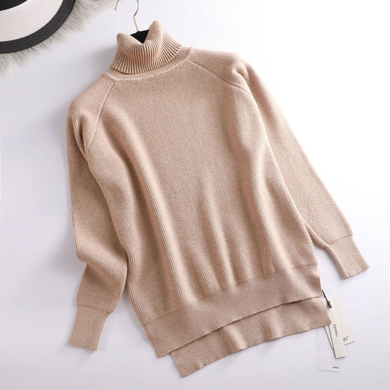 Turtleneck Oversize Sweater Women Autumn Winter Thick Pullover Sweater Solid Knit Tops Female Split Side Loose Casual Sweater