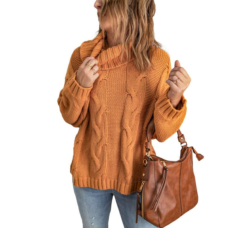 Autumn Winter Solid Color Long Sleeve Knitted High Neck Cotton Top For Women