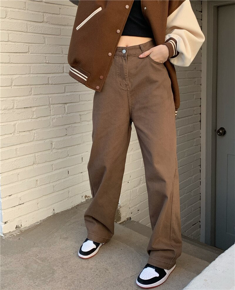 Ani Kang |womens Casual Brown Wide Leg Jeans Spring Summer Streetwear High Waist Loose Long Denim Pants Lady Chic Straight Jeans Trousers