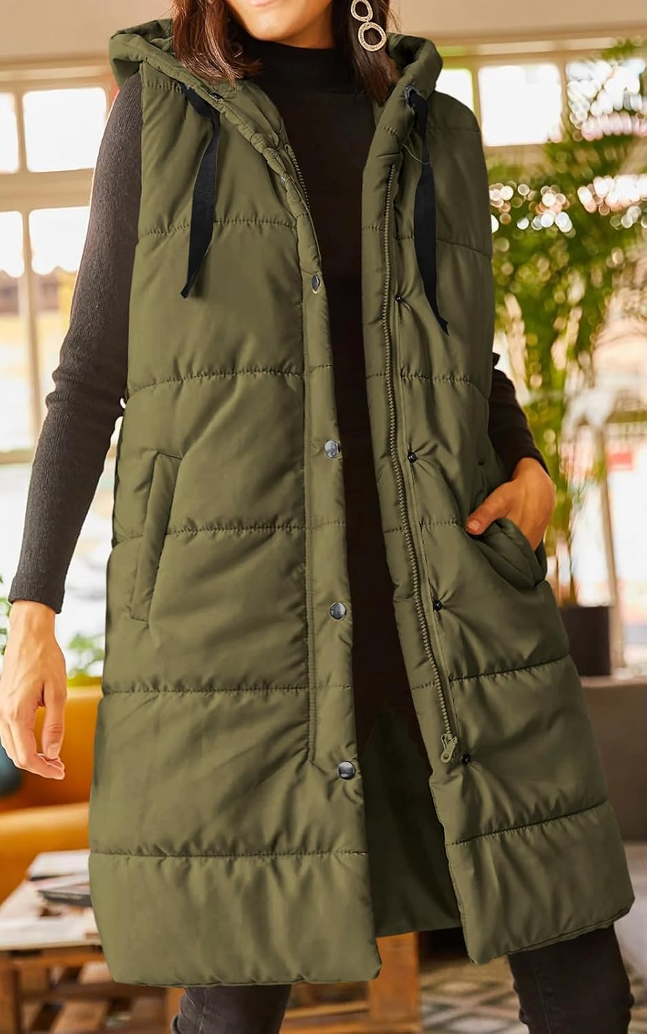 Grlasen Womens Long Quilted Puffer Vest Sleeveless Hooded Button Down Padded Coats Jacket Outerwear With Pockets