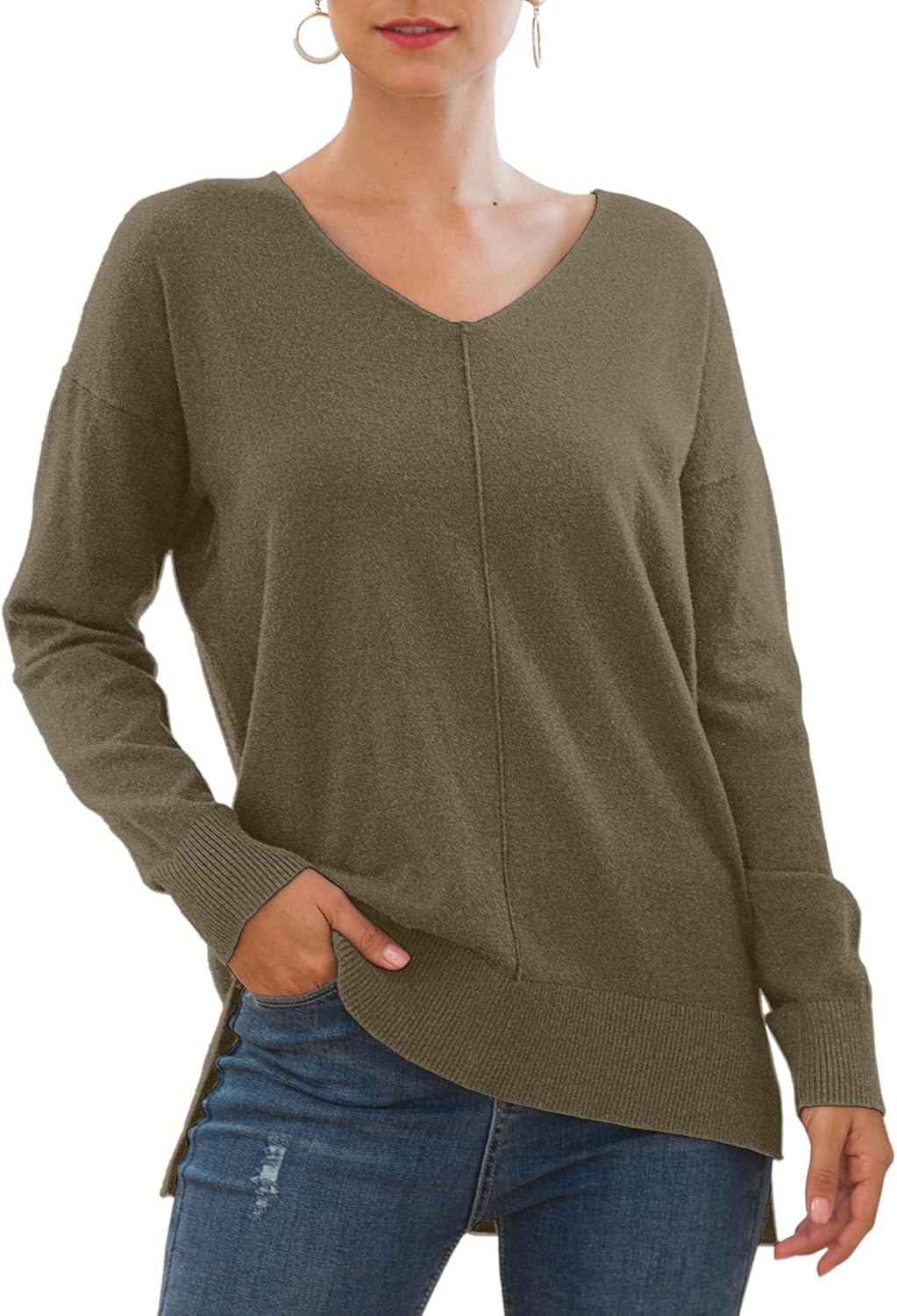 Jouica Womens Casual Lightweight V Neck Batwing Sleeve Knit Top Loose Pullover Sweater