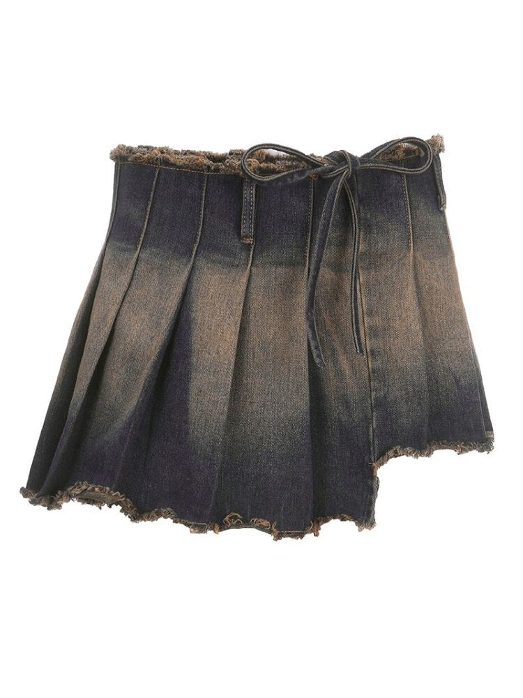 Denim Y2k Skirt Women Vintage Low Rise Irregular Distressed Japanese Streetwear Sexy Pleated Mini Skirt Summer Fashion