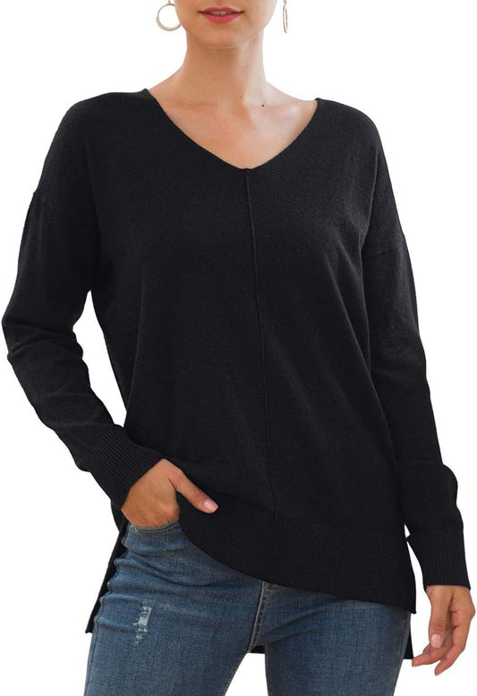 Jouica Womens Casual Lightweight V Neck Batwing Sleeve Knit Top Loose Pullover Sweater