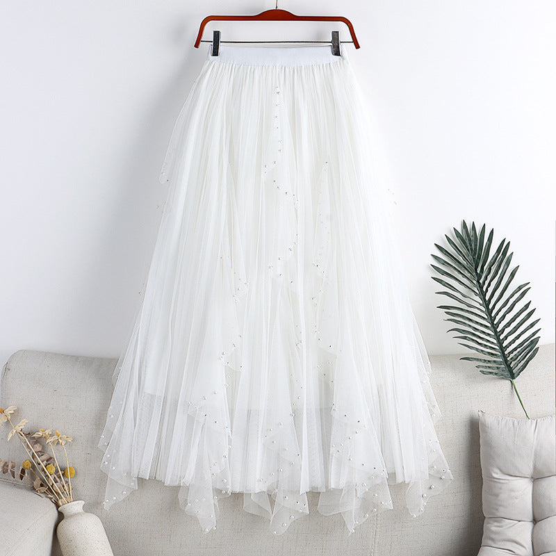 Spring And Summer New Irregular Mesh Beaded Rhinestone Long Large Hem A- Line Skirt Skirt Cake Dress