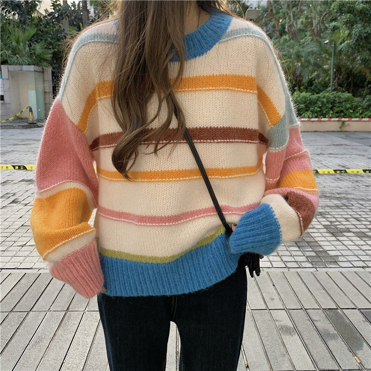 Autumn Winter Sweater Women Rainbow Stripe Jumpers O-neck Long Sleeve Loose Soft Knit Sweaters Womens Clothing Y2k Top Pullover