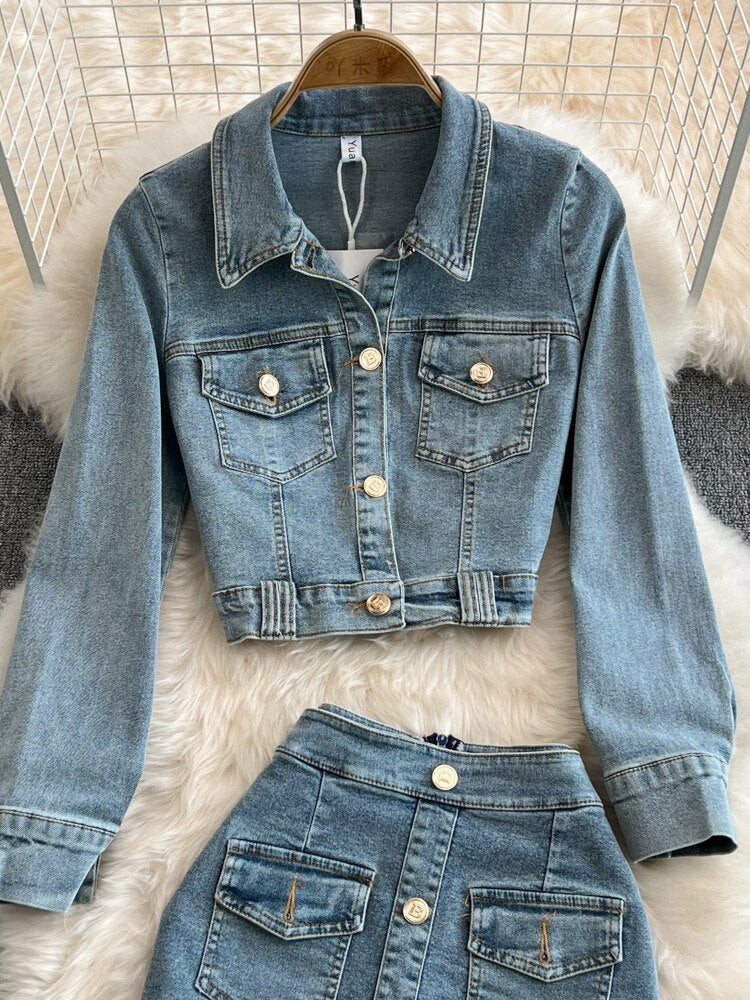 Fashion Two-piece Set Womens Vintage Lapel Denim Jacket High Waist Pocket Design Wrap Hip Skirts 2024 Spring New 11xx01032