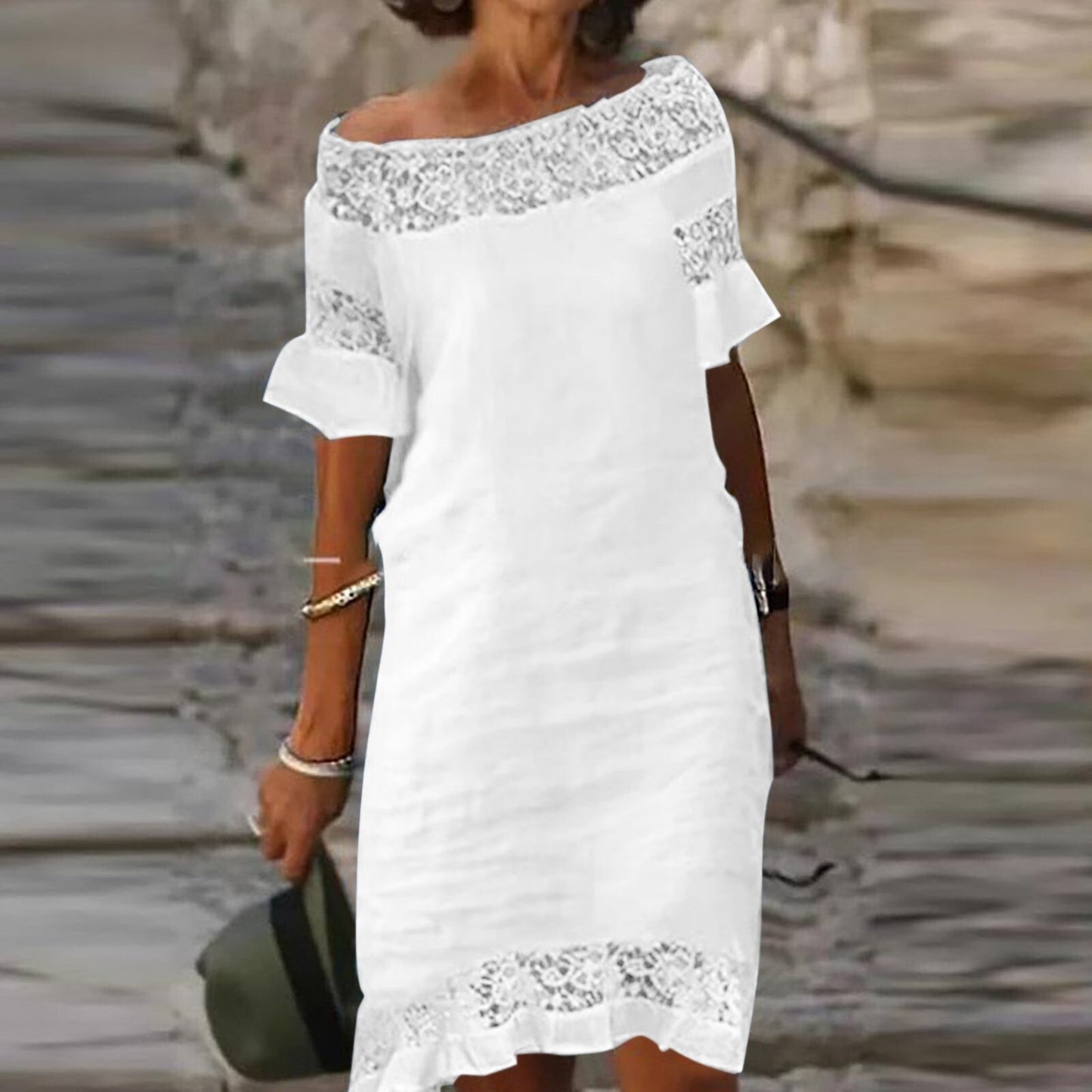 Womens Lace Patchwork Dress Dress Midi Dress White Short Sleeve Summer Off Shoulder Modern Loose Daily Office Beach Vestidos2024