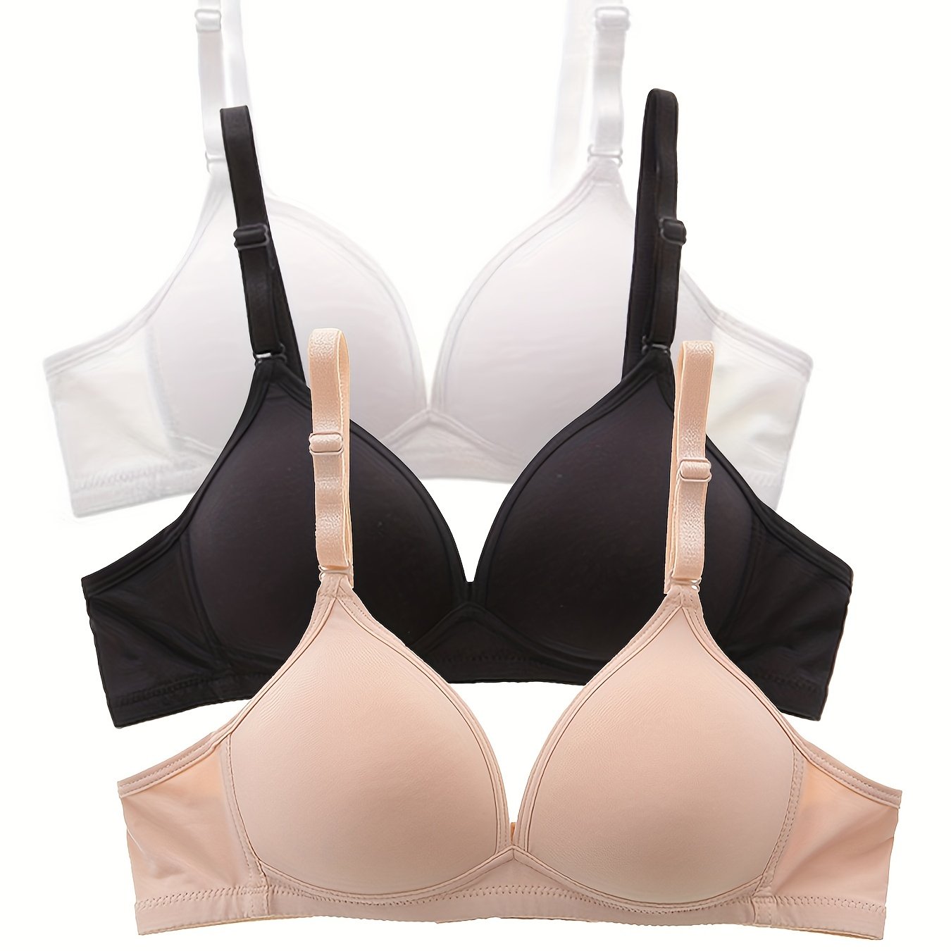 3pcs Simple Solid Wireless Bras, Comfy & Breathable Everyday T-shirt Bra, Womens Lingerie & Underwear