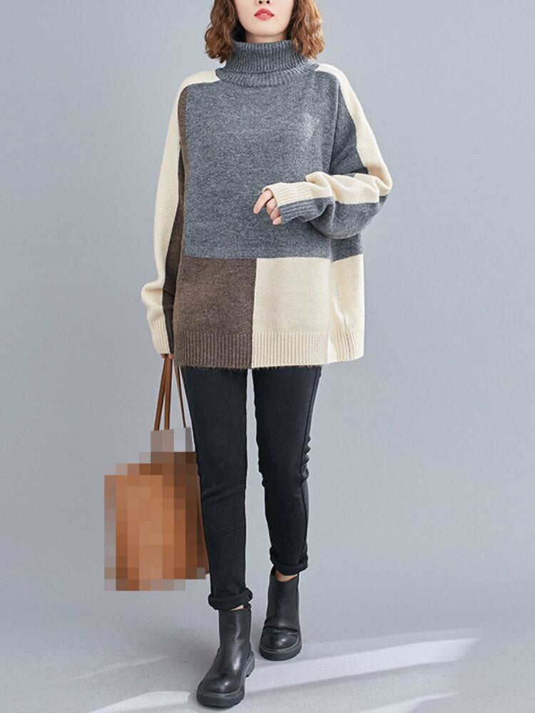 Fashion Tops 2024 Women Winter New Color-blocking Thickened Pullover Loose Mid-length Womens Oversized Sweater Turtleneck