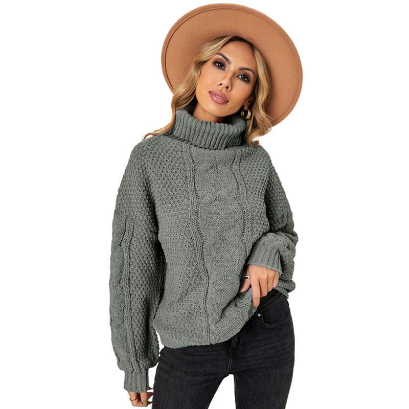 Autumn Winter Solid Color Long Sleeve Knitted High Neck Cotton Top For Women