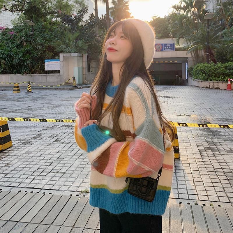 Autumn Winter Sweater Women Rainbow Stripe Jumpers O-neck Long Sleeve Loose Soft Knit Sweaters Womens Clothing Y2k Top Pullover