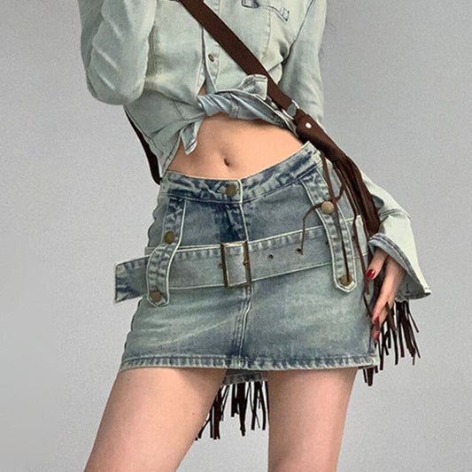 Ani Kang |ma Mayuscasual All-match Denim Short Skirts For Women American Retro High Waist Slim Fit Bag Hip Skirt Woman With Belt Mini Skirt