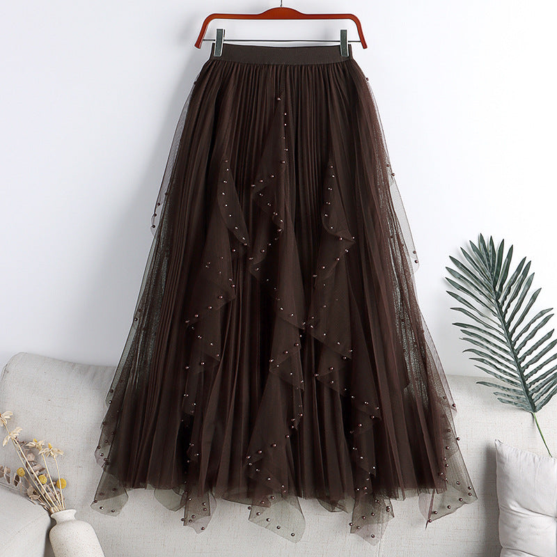 Spring And Summer New Irregular Mesh Beaded Rhinestone Long Large Hem A- Line Skirt Skirt Cake Dress