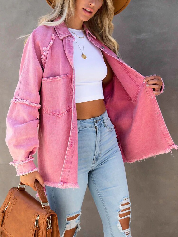 2024 Girls Sweet Pink Loose Shirt Jacket Woman Casual Soft Button Denim Shirts Ladies Chic Solid Pocket Jackets