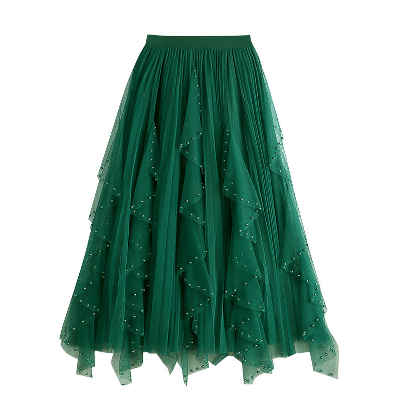 Spring And Summer New Irregular Mesh Beaded Rhinestone Long Large Hem A- Line Skirt Skirt Cake Dress