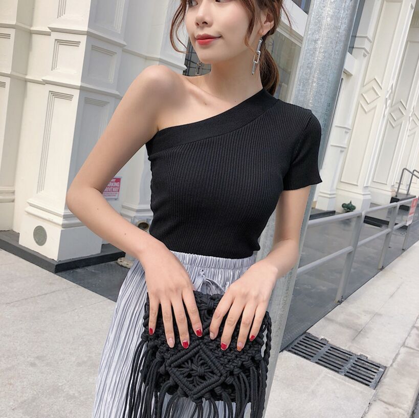 Ani Kang |summer Womens Off-shoulder Knitted T-shirt Girls Stretchy Solid Cropped T Shirts Tees Knitwear For Female