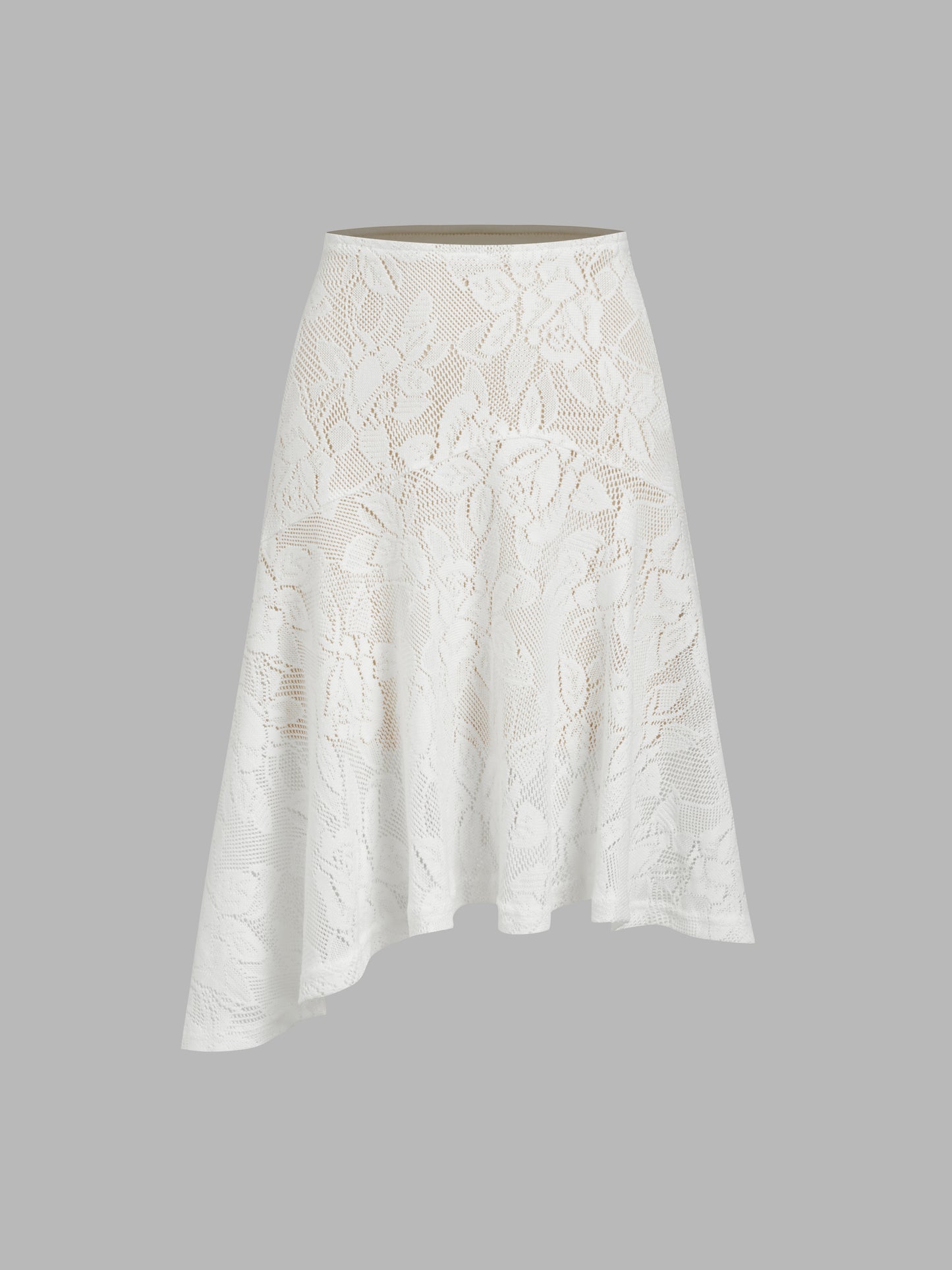 Lace Mid Rise Floral Asymmetrical Hem Ruffle Midi Skirt