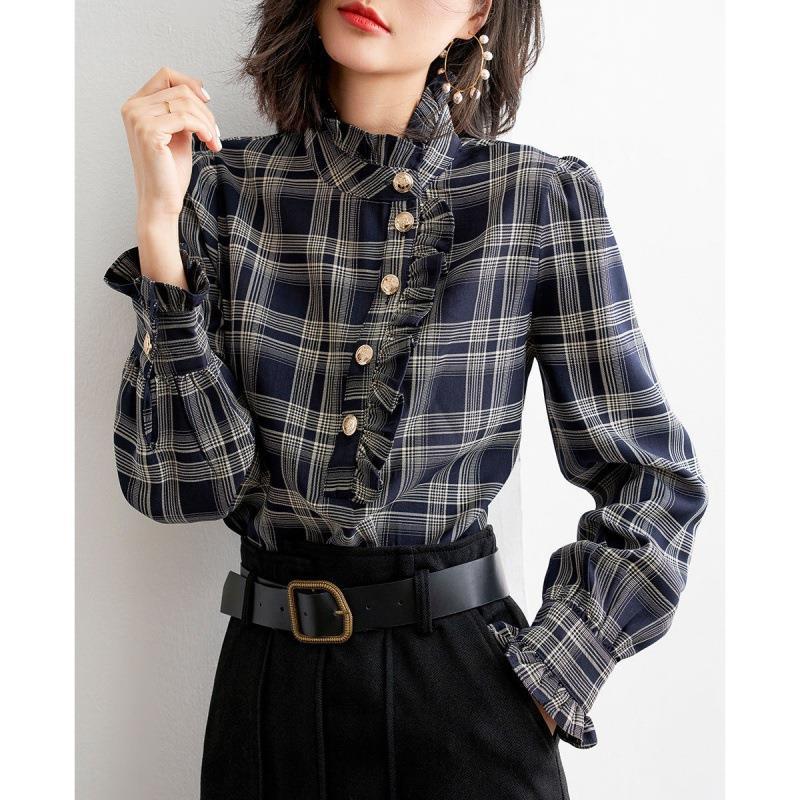 Fashion Printed Button Ruffles Plaid Shirt Womens Clothing 2024 Autumn New Loose Casual Tops All-match Commute Blouse